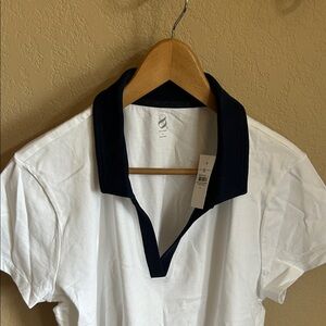 LOFT White Lou & Grey Tee with Navy Contrast Collar